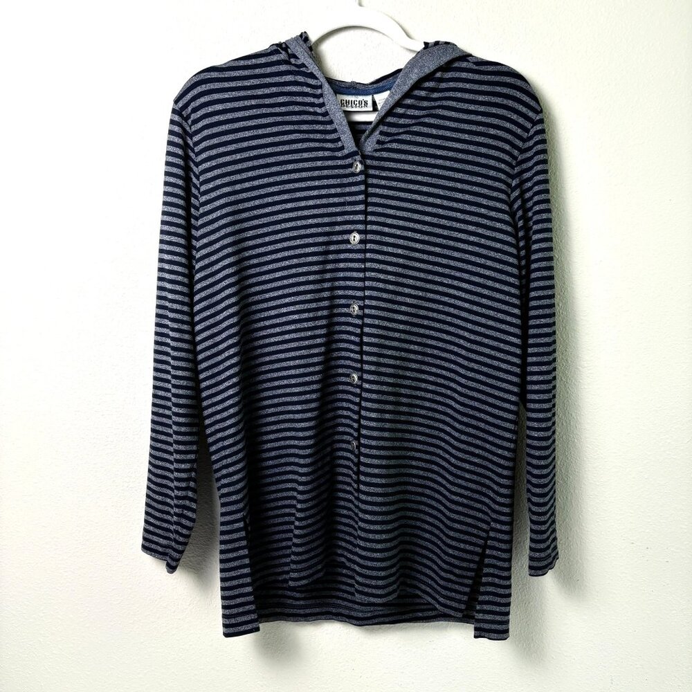 Chicos Design Button Front Hooded Top Size 1US M‎ Black Gray Striped Stretch USA